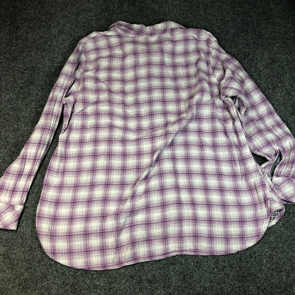 Lee Riders Womens 2X Plus Purple White Plaid Button Up Long Sleeve Shirt Ruffled - Picture 8 of 9